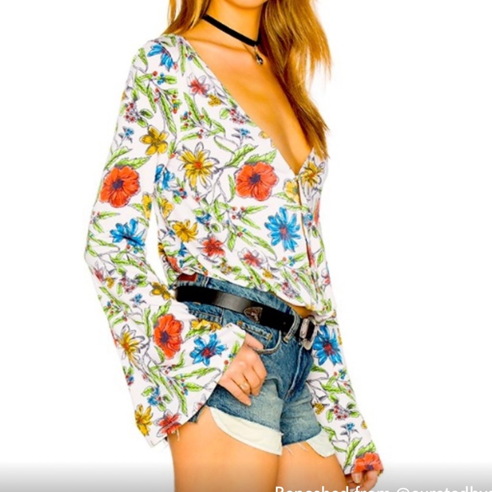 Free People Floral Bell Sleeve Martini Blouse Sz M